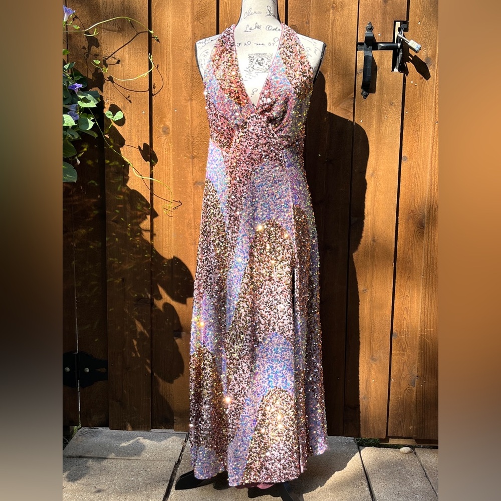 Free People Glitter & Gold Midi Sequin Halter Open Back Pink Dress Size S NWT